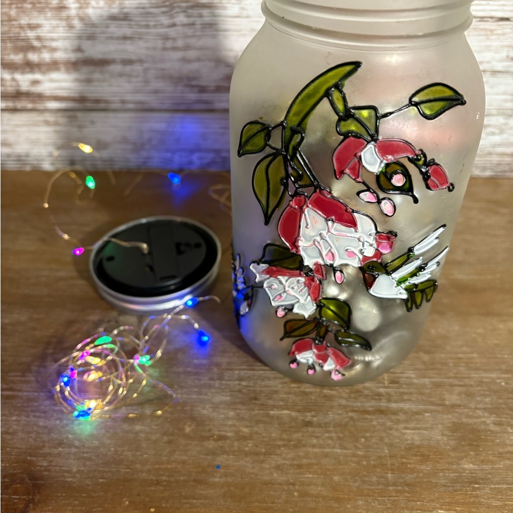 Painted Floral Frosted Glass Jar with LED Lights Filled W/ Mystery Jewelry